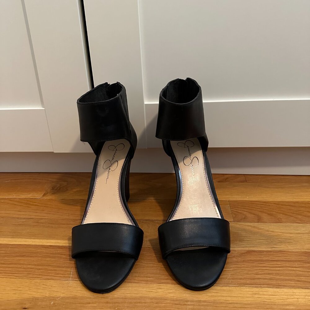 Jessica Simpson Black Wedge Sandals - leather